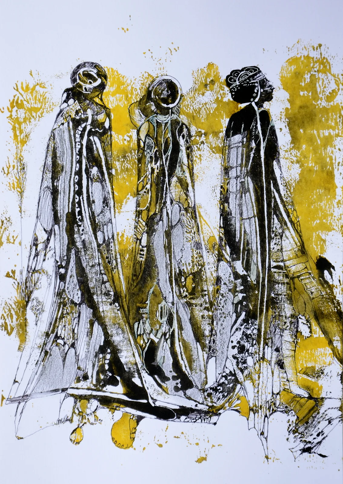 3 donne in afrika,acryl,tusche auf papier ,din a4,2015